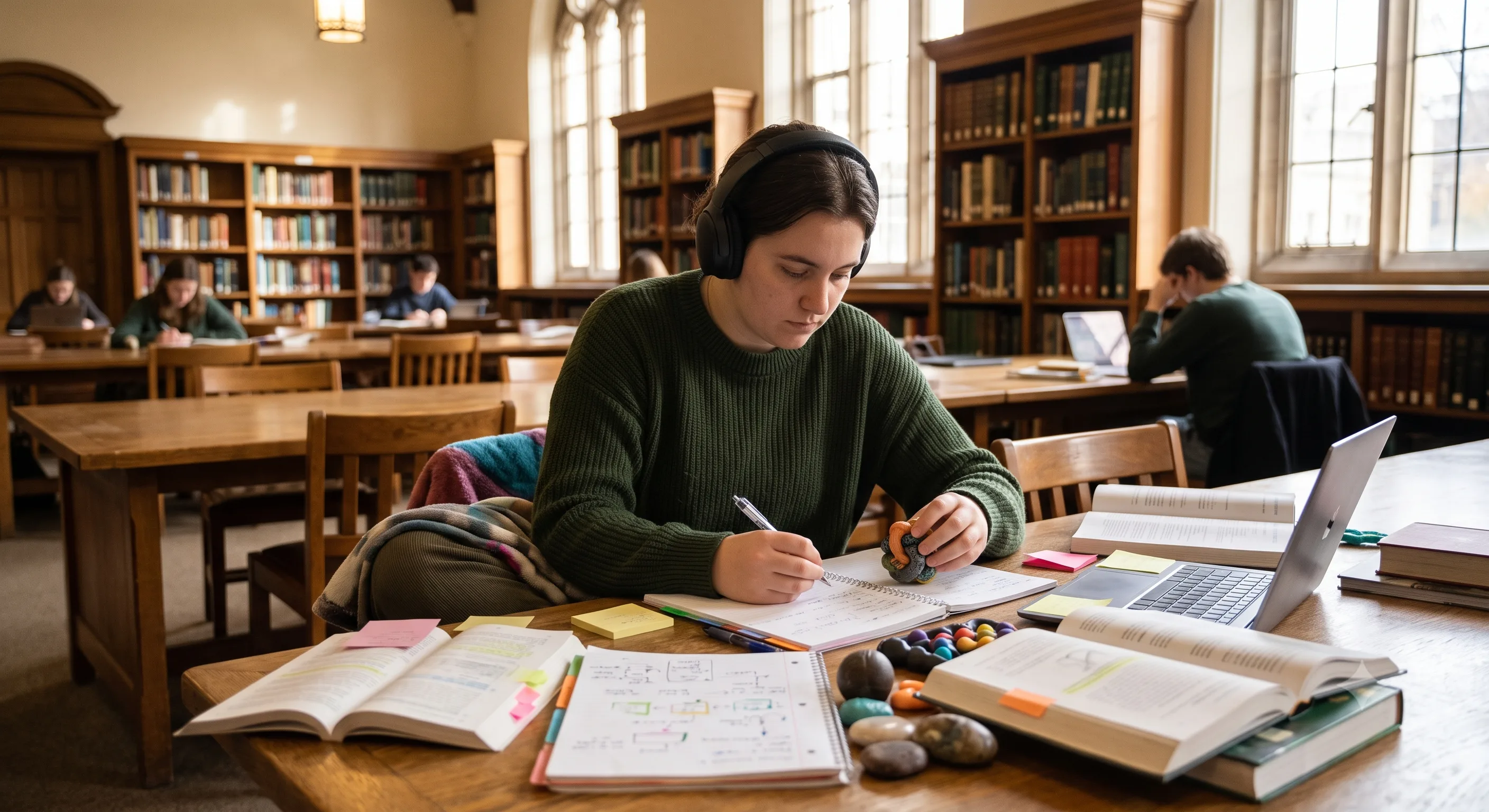 Student studying with headphones and tactile objects