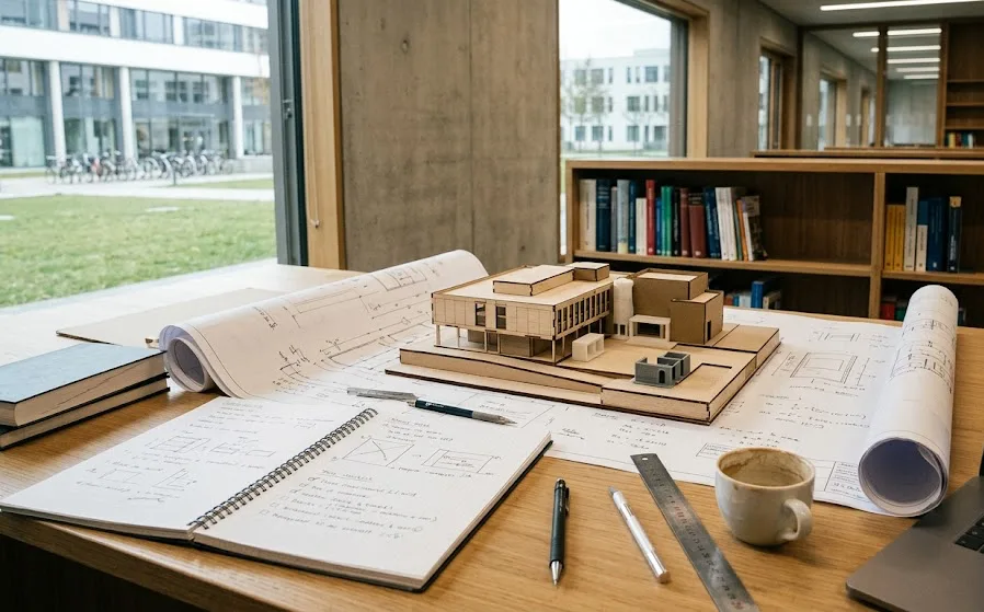 Architecture model and blueprints on a studio desk